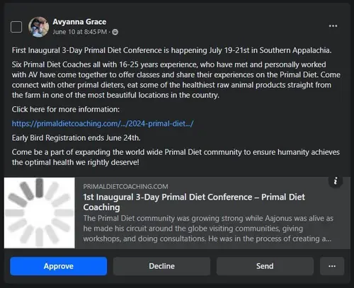 Screenshot of Avyanna Grace claiming Primal Diet coaches had personally worked with Aajonus and had 16 to 25 years of experience