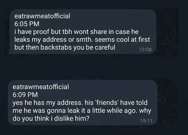 Screenshot of Chris claiming he has proof but will not share it because of an address-leak accusation