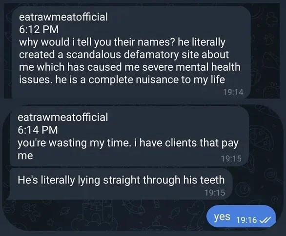 Screenshot of Chris calling the site defamatory and saying Rom is a nuisance to his life