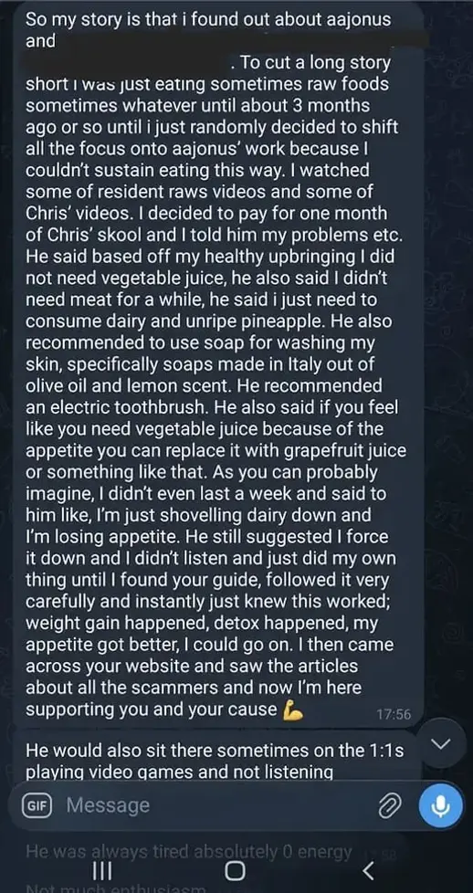Screenshot of a message from a former Chris Skool client thanking the author for warning them about scammers