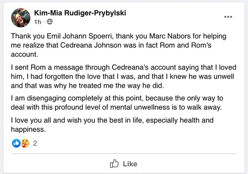 Screenshot of Kim Mia's post announcing she is disengaging and walking away
