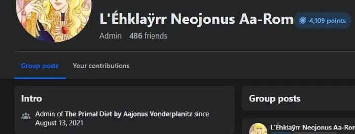 Screenshot of L'Ehklayrr Neojonus Aa-Rom Facebook group profile