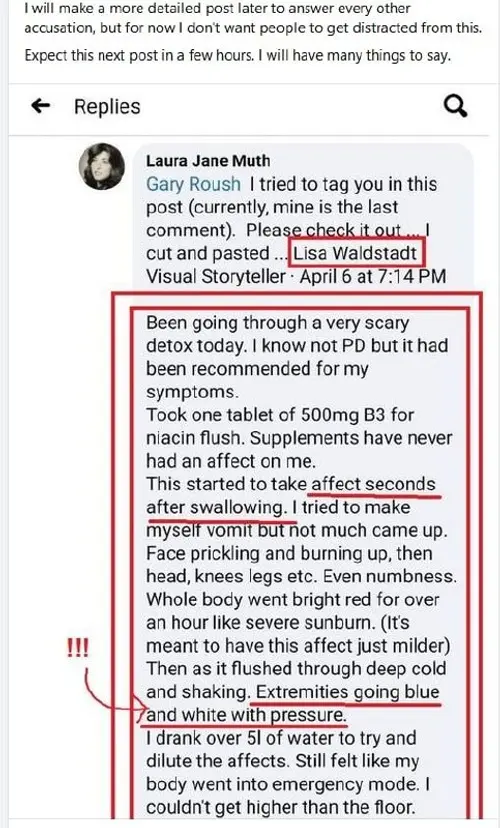Screenshot of a post about a niacin supplement reaction