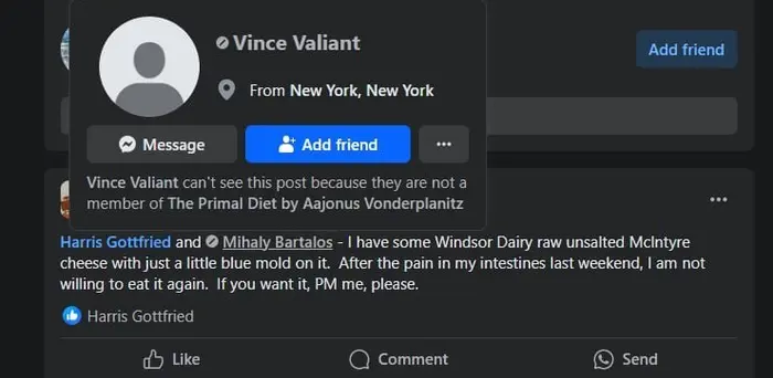Screenshot showing Vince Valiant profile card over a Primal Diet group post