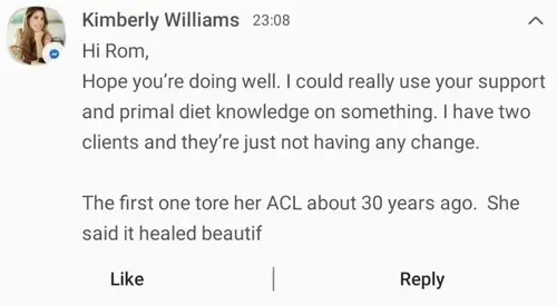 Screenshot of Kimberly Williams asking Rom for primal diet knowledge and support with clients