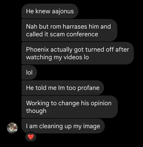Screenshot of a message from Leo residentraw saying Phoenix got turned off after watching his videos and told him he is too profane