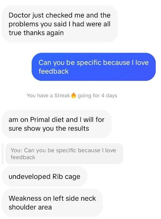 Unnamed testimonial screenshot saying a doctor confirmed Oliver's findings and mentioning an undeveloped rib cage and left-side neck and shoulder weakness
