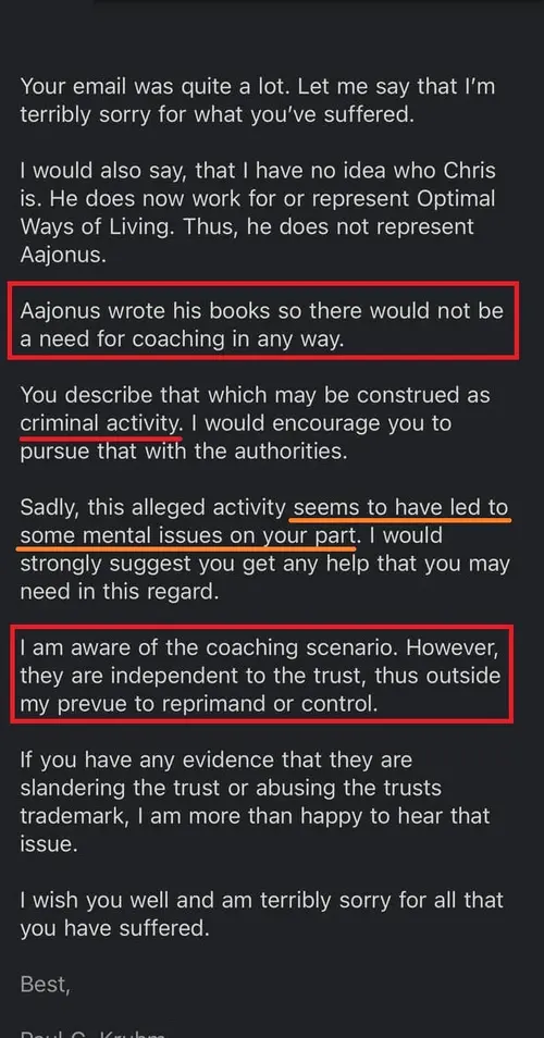 Email screenshot from Paul Kruhm