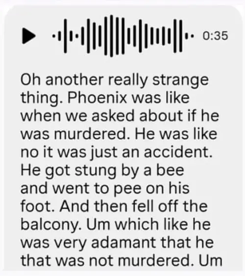 Screenshot of a message transcribing Phoenix claiming Aajonus' death was just an accident