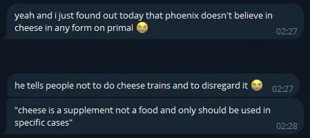 Screenshot of messages saying Phoenix tells people not to do cheese trains