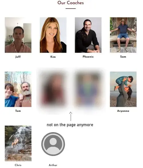 Screenshot of Phoenix's 'Our Coaches' lineup with coaches who left no longer on the page