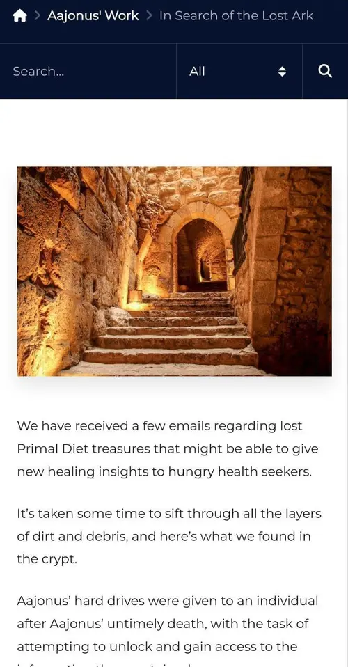 Screenshot of Primal Diet Coaching article In Search of the Lost Ark