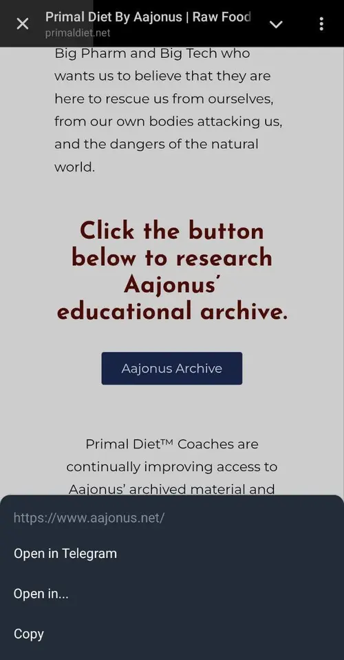 Screenshot of primaldiet.net linking to the Aajonus archive