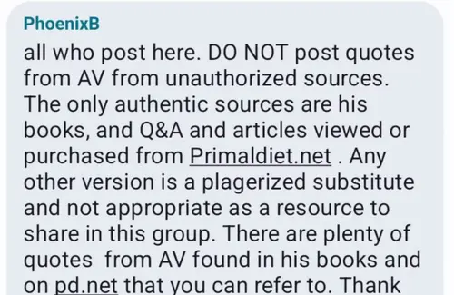 Screenshot of PhoenixB saying not to post quotes from unauthorized sources
