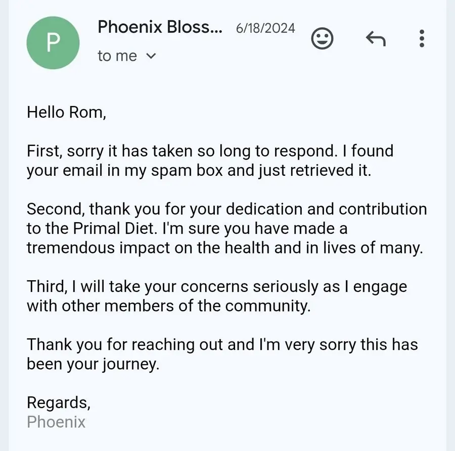 Screenshot of an email response from Phoenix Blossom and Be