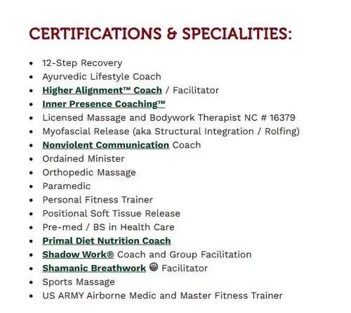 Screenshot of certifications and specialties listing Primal Diet Nutrition Coach