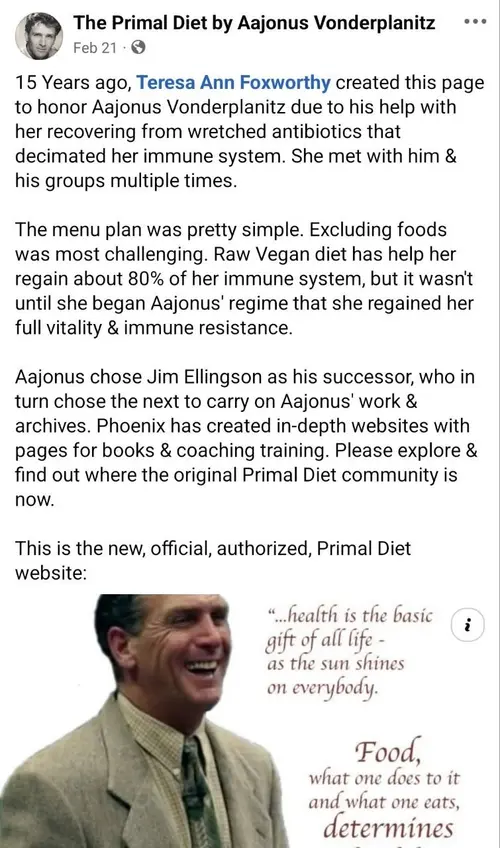 Screenshot of The Primal Diet by Aajonus Vonderplanitz Facebook post calling Phoenix's website the new official authorized Primal Diet website