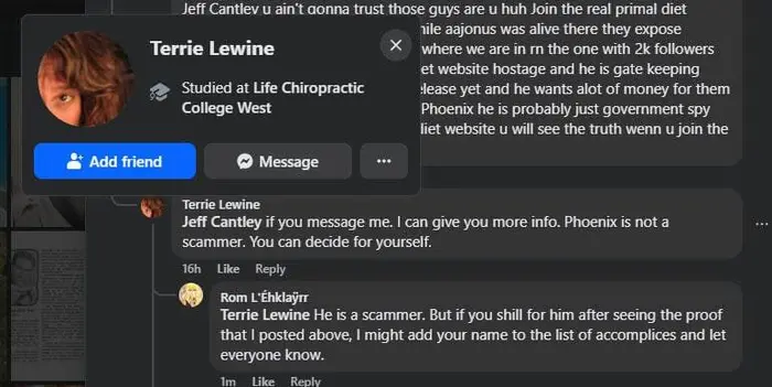 Screenshot of Terrie Lewine telling someone to contact her privately about Phoenix