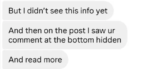 Screenshot of a message saying they didn't see this info yet, then saw the comment hidden at the bottom of the post and read more