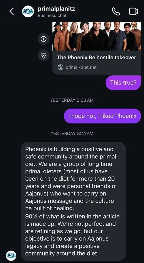 Screenshot of Primal Planitz vaguely denying accusations about Phoenix and saying most of the article is made up