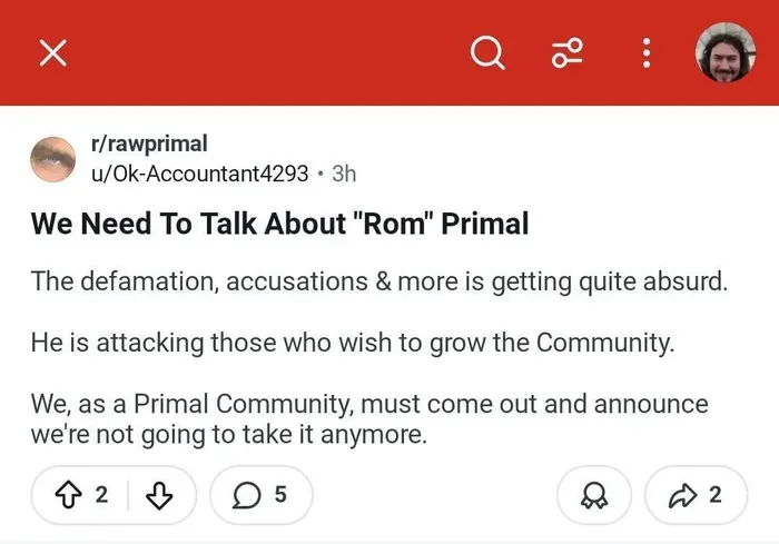 Screenshot of a Reddit post attacking Rom in r/rawprimal