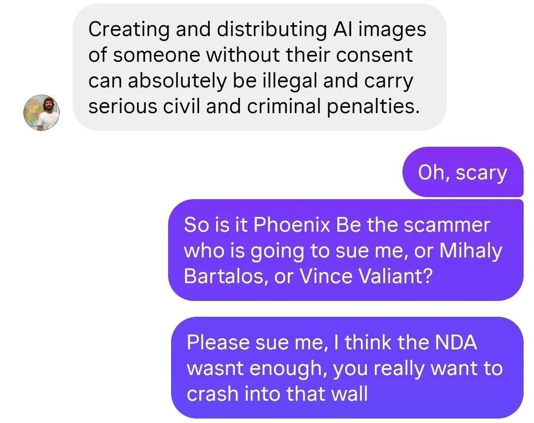 Screenshot of Sam threatening legal action over AI images and Rom replying