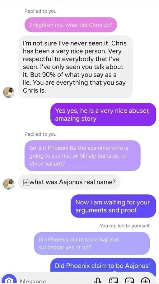 Screenshot of a direct message exchange where Sam Schulte says he is not sure about Chris' abuse and says the author is everything he says Chris is