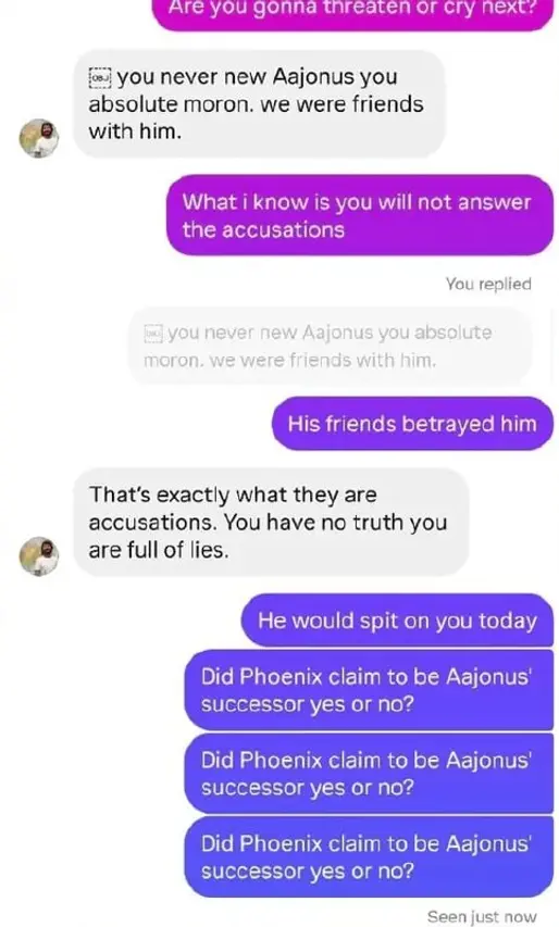 Screenshot of a direct message exchange with Sam Schulte where the author repeats the question about Phoenix claiming to be Aajonus' successor