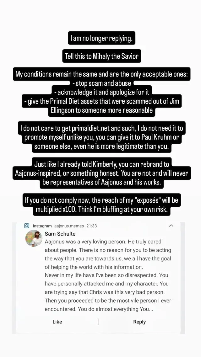 Screenshot of a public story saying the author is no longer replying to Sam Schulte and showing Sam's continued message