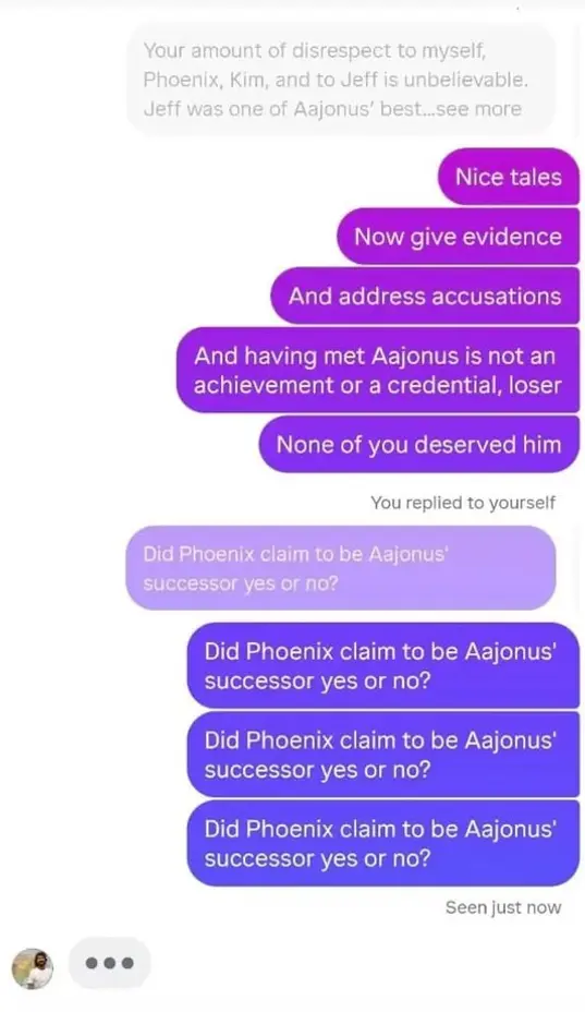 Screenshot of the author repeatedly asking Sam Schulte whether Phoenix claimed to be Aajonus' successor