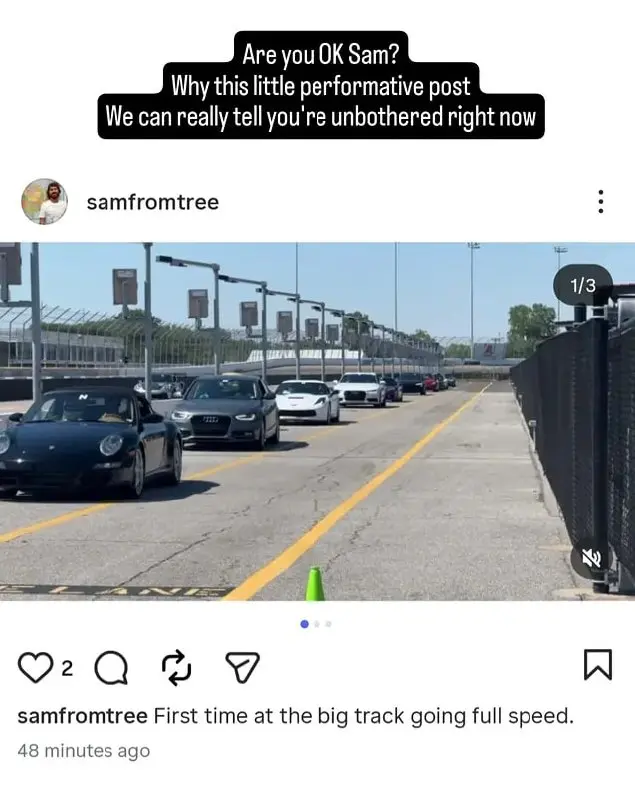 Screenshot of a public story reply to Sam Schulte's supercar post asking if he is okay and saying he looks bothered