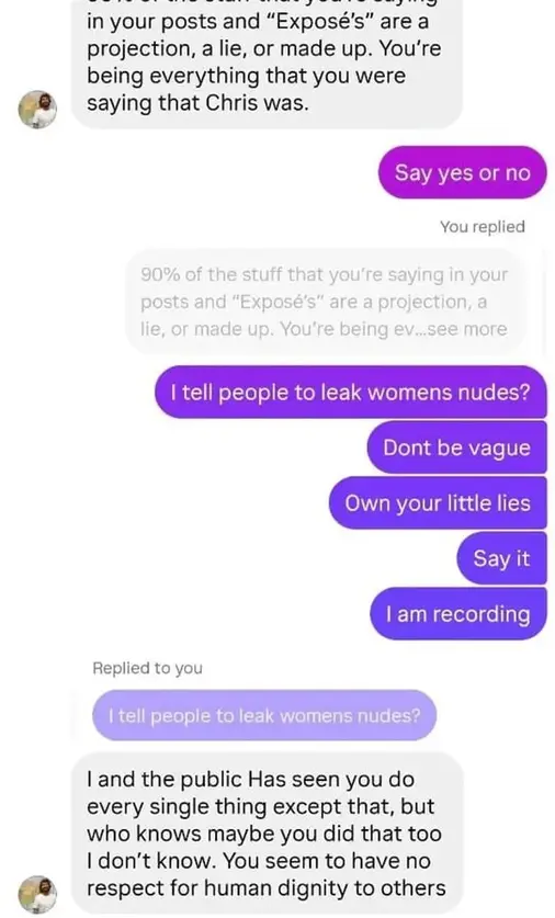 Screenshot of a direct message exchange where the author asks Sam Schulte for concrete accusations and Sam remains vague