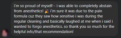 Teeth anesthesia pain testimonial screenshot